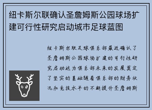 纽卡斯尔联确认圣詹姆斯公园球场扩建可行性研究启动城市足球蓝图